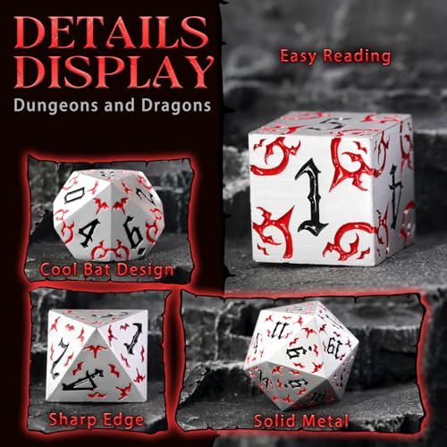 ZHOORQI Metal DND Dice 7Pcs Bat Design Polyhedral Die Set(BF-White Red) | Sharp Edge D and D Dice for Dungeons and Dragons DM RPGs Gift Gaming Collection - color: Bat-white Red