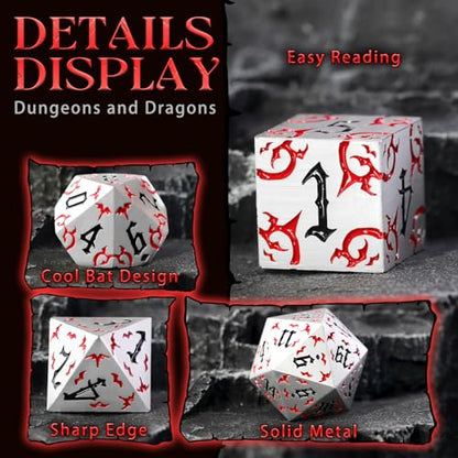 ZHOORQI Metal DND Dice 7Pcs Bat Design Polyhedral Die Set(BF-White Red) | Sharp Edge D and D Dice for Dungeons and Dragons DM RPGs Gift Gaming Collection - color: Bat-white Red