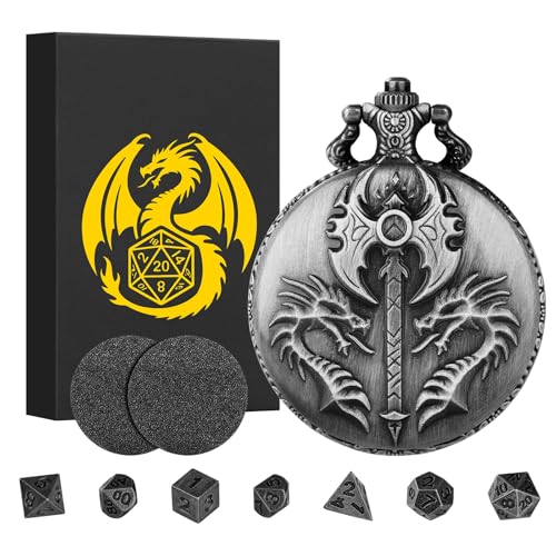 Mini DND Dice Set with Double Headed Dragon(Top Double-Sided Axe) Pocket Watch Case, 7-PCS Polyhedral Metal D&D Dice, DND Gifts with Gift Box, Role Playing Game Board Game Accessories Dice, Silver - color: Dark Silver