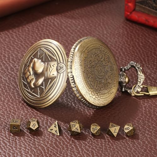 Mini DND Dice Set with Steampunk Monk (Fist) Pocket Watch Case, Tiny 7PCS Polyhedral Metal D&D Dice, DND Gifts with Gift Box, Role Playing Game Board Game Accessories Dice, Bronze - color: Bronze