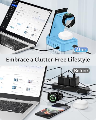 300W Wireless Charger for Samsung,Zutspzss 10 in 1 Wireless Charging Station, 65W USB C Fast Charging Stand for Samsung S25 Ultra/S24/S23/S22/Z Fold,Galaxy Watch Ultra7/6/5,Galaxy Buds,Blue - color: Blue