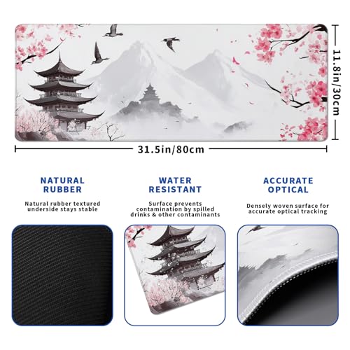 Retro Pagoda Cherry Blossom Watercolor Mouse Pad Abstract Big Mouse Pad 31.5x11.8 Inch Texture Non-Slip Rubber Base Large Mousepad Stitched Edges Keyboard Mouse Mat Desk Pad for Office and Home - color: Retro Pagoda Cherry Blossom