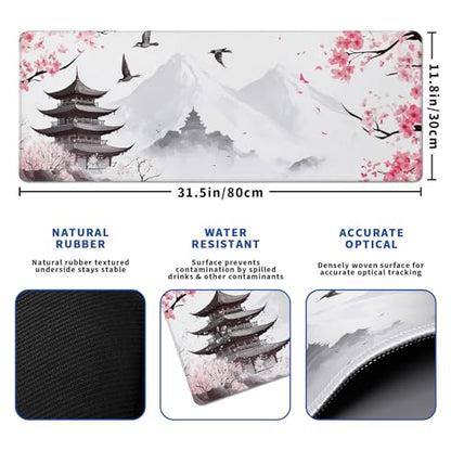 Retro Pagoda Cherry Blossom Watercolor Mouse Pad Abstract Big Mouse Pad 31.5x11.8 Inch Texture Non-Slip Rubber Base Large Mousepad Stitched Edges Keyboard Mouse Mat Desk Pad for Office and Home - color: Retro Pagoda Cherry Blossom