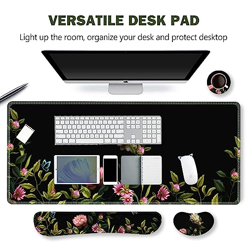 ARTSO Gaming Mouse Pad Wrist Support Set, XXL Large Desk Mat Mousepad + Keyboard Wrist Support+ Mouse Wrist Rest+Coaster 4in1 Ergonomic, Stitched Edge for Home Office -Flowers and Butterflies - color: Flowers and Butterflies
