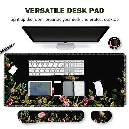 ARTSO Gaming Mouse Pad Wrist Support Set, XXL Large Desk Mat Mousepad + Keyboard Wrist Support+ Mouse Wrist Rest+Coaster 4in1 Ergonomic, Stitched Edge for Home Office -Flowers and Butterflies - color: Flowers and Butterflies
