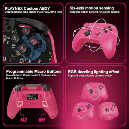 Playnex Wireless Game Controller with Charging Dock, TMR Anti-Drift Joysticks, Dual-Mode Hall Triggers, 1000Hz Polling, RGB, 2.4G/Bluetooth/USB Gamepad for PC/Nintendo Switch/Switch 2/Lite/OLED - color: Pink with Charging Dock