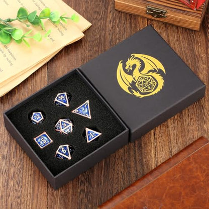 Metal Dice Set, Fly Dragon Pattern, 7pcs Polyhedral Metal DND Dice Set, DND Starter Set, D&D Gifts with Gift Box, Role Playing Board Games Accessories, Blue ﻿ - color: Blue