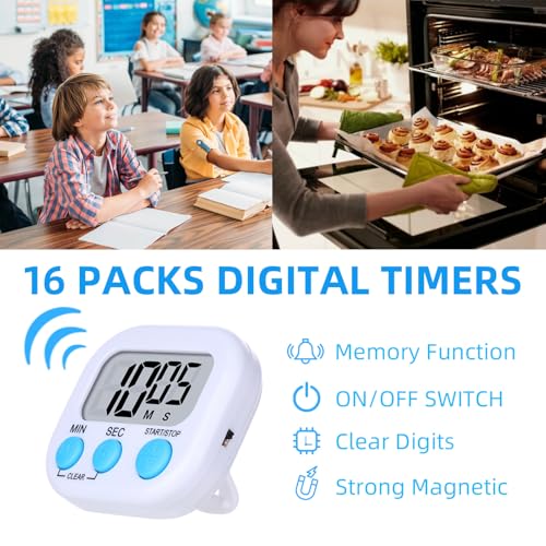 16 Packs Digital Timer Multi-Function Electronic Timers for Classroom Small Magnetic Countdown Stopwatch Mini Loud Alarm Stop Clock for Kitchen Cooking Games Meeting Study Work Baking Sports Office