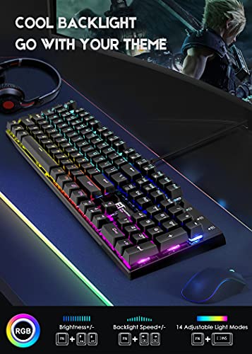 TDT Mechanical Gaming Keyboard,Wired 104 Keys RGB Keyboard with Blue Switch, Programmable RGB Backlit for Windows Gaming PC