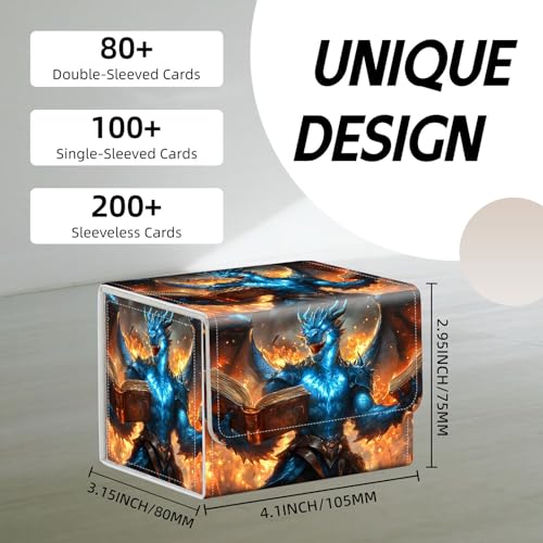 Trading Card Storage Box, Holds 100+ for MTG Cards, PU Leather with Magnetic Closure, Blue Dragon Reading Magic Books Durable Deck Box for Magic the Gathering, Trading Card Games - color: Blue Dragon Reading Magic Books