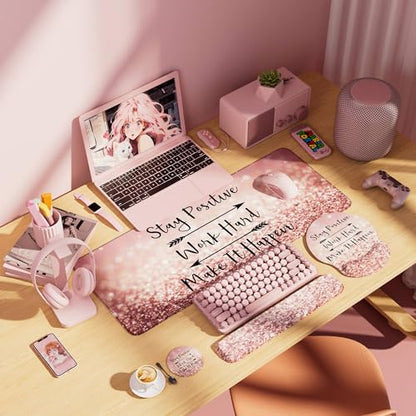 Desk Mat Set Keyboard and Mouse Pad with Wrist Rest Support | Ergonomic,Pain Relief, 4-in-1 Large Big Mousepad Computer Mats,Desk Pad Matt Mats for Desktop Home & Office - color: B-Glitter Pink