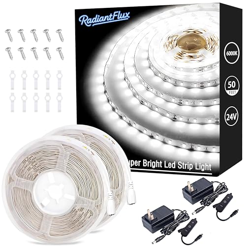 RadiantFlux White Led Strips Lights.2 Sets of 50ft Strip Light,Flexible Light Strip,Good Lighting,LED Light Strip,1800 LEDs 6000K,Light for Living Room,Bedside Table,Vanity Mirror - color: Daylight White, size: 50FT-2sets