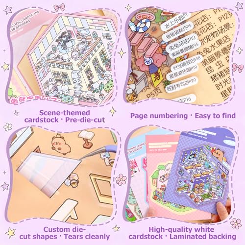 DIY 3D Scene Sticker Book, 20 Sets Sticker Scene Craft Kit with 26 Reusable PET Stickers & 2 Tweezers, Cute Kawaii Stickers Therapy for Adult Relief Stress Pass The Time, Creative Travel Toys Gift