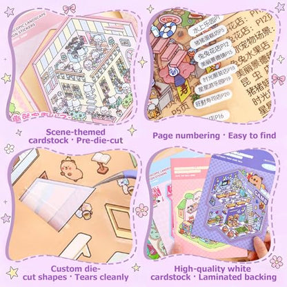 DIY 3D Scene Sticker Book, 20 Sets Sticker Scene Craft Kit with 26 Reusable PET Stickers & 2 Tweezers, Cute Kawaii Stickers Therapy for Adult Relief Stress Pass The Time, Creative Travel Toys Gift