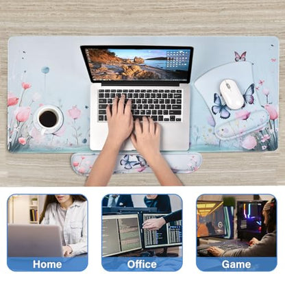 MEGREZ 4-in-1 Mouse Pad with Wrist Rest Ergonomic Memory Foam Desk Mat Set | ergonomic, anti-slip base, 4pcs set, desk pad, mouse wrist rest, keyboard rest, coaster, ideal for office & gaming - color: Green Butterfly Pink Flower