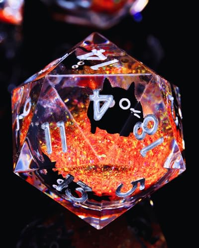 Froggod 싱글 리퀴드 코어 캣 D20 주사위 - DND, RPG, 테이블 탑 게임용 22mm 샤프 엣지 롤 플레잉 주사위 - 20면 레진 D&D 주사위, 캐스헤드 각인(오렌지) - color: 주황색.