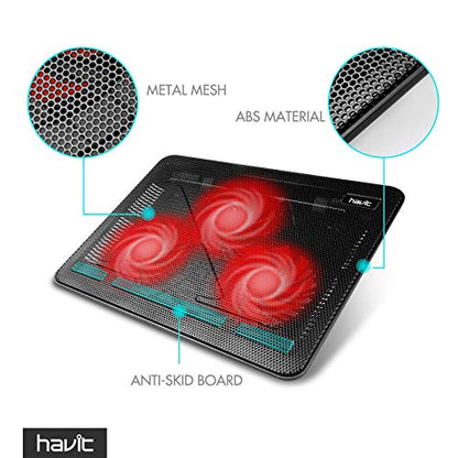 Havit HV-F2056 15.6-17 Inch Laptop Cooler Cooling Pad - Slim Portable USB Powered (3 Fans) (Black+Red) - color: Black+Red