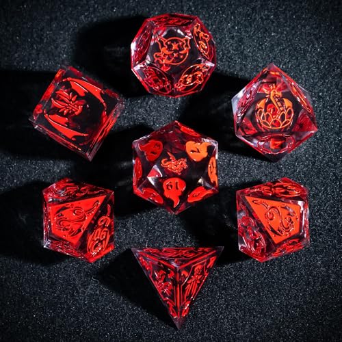 Cusdie 7-Piece Sharp Edges DND Dice Set with Dragon Pattern - Perfect for Tabletop RPGs Board Games Gifting and Collecting(Transparent Red with Balck Smoke) - color: Dragon Pattern Tr/R