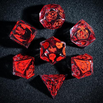 Cusdie 7-Piece Sharp Edges DND Dice Set with Dragon Pattern - Perfect for Tabletop RPGs Board Games Gifting and Collecting(Transparent Red with Balck Smoke) - color: Dragon Pattern Tr/R