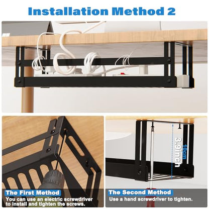 PAVSTINE 2 Pack Under Desk Cable Management Tray, 17 in | Dual Mount Adhesive & Screw, Metal Wire Basket, Holds Up To 15 Lbs, Power Strip Holder Cord Hider for Home/Office Desk - size: 17 inch Cable Tray×2 Pack