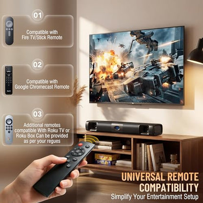 Sound Bar for Smart TV, 60W Bluetooth 5.3 Soundbar with Deep Bass & Clear Voice, Surround Sound with TV ARC/Optical/AUX, Slim 17-Inch Wall Mountable Sound Bar for TV, PC, Gaming & Projectors