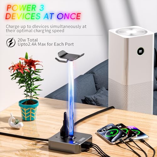 cozoo Gifts for Gamer Men All-in-One RGB Headset Stand & Charging Station | 3 USB Ports, 2 Outlets, Metal Space Gray | Gaming Equipment, Game Room Setup, Christmas Gifts for Him,Teen Boys,Tech Lovers - color: Gray Pro
