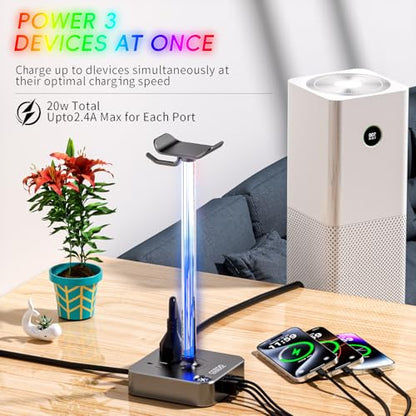 cozoo Gifts for Gamer Men All-in-One RGB Headset Stand & Charging Station | 3 USB Ports, 2 Outlets, Metal Space Gray | Gaming Equipment, Game Room Setup, Christmas Gifts for Him,Teen Boys,Tech Lovers - color: Gray Pro