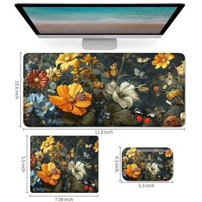 Mouse Pad Desk Mat Ergonomic Wrist Support Pad Set,Mouse Wrist Rest Keyboard Pad with Stitched Edges and Non Slip Base-Flowers Florals Butterflies - color: Flowers Florals Butterflies