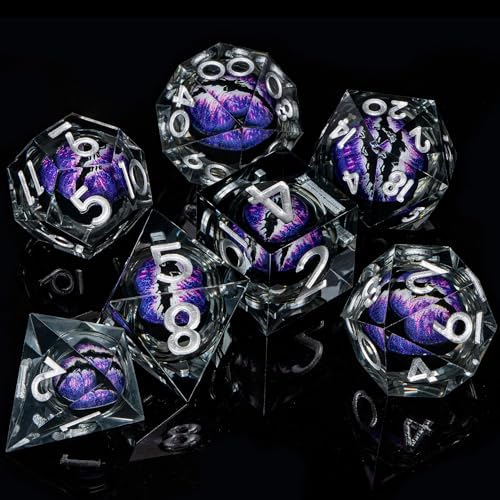 ARUOHHA DND Resin Dice Dragon Eye Dice Liquid Core Purple Sharp Edged Dice Set with Gift Box, Dungeons Polyhedral D and D Dice Set Compatible with D&D Role Playing Game D20 D12 D10 D8 D6 - color: Ly02-purple Black