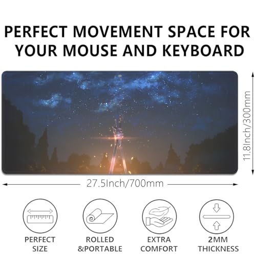 Sword of the Starry Night Mouse Pad Desk Pad, 27.5x11.8 in Extended Keyboard Mousepad with Stitched Edges, Waterproof Non-Slip Rubber Base for Office Computer Laptop Home - color: Sword of the Starry Night