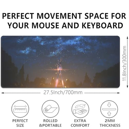 Sword of the Starry Night Mouse Pad Desk Pad, 27.5x11.8 in Extended Keyboard Mousepad with Stitched Edges, Waterproof Non-Slip Rubber Base for Office Computer Laptop Home - color: Sword of the Starry Night