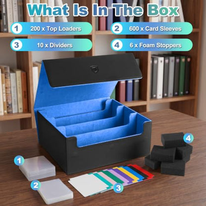 Trading Card Storage Box, Holds 1800 Sleeved Card, PU Magnetic Closure | 200 Toploaders and 600 Penny Sleeves INCLUDED, 10 Dividers and 6 Foam Stoppers INCLUDED, Fit for MTG, TCG and Sports Cards - color: Black and Blue