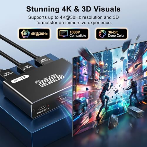 HDMI Splitter 1 in 3 Out, 4K HDMI Distributor for Triple Monitors, HDMI Splitter Copy 1 Source to 3 Displays at The Same Time for TV/Monitor/Projector/PS5/Laptop/STB (Power Cable Must Be Connected)