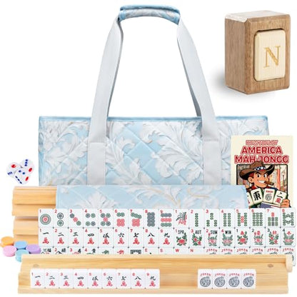 MUTEX American Mahjong Game Set, 166 Premium Mahjong Tile Set with Waterproof Iced Blue Carrying Bag, Western Mahjong Set with 4-Piece Natural New Zealand Wood Racks/Pushers - color: Iced Blue With New Zealand Wood