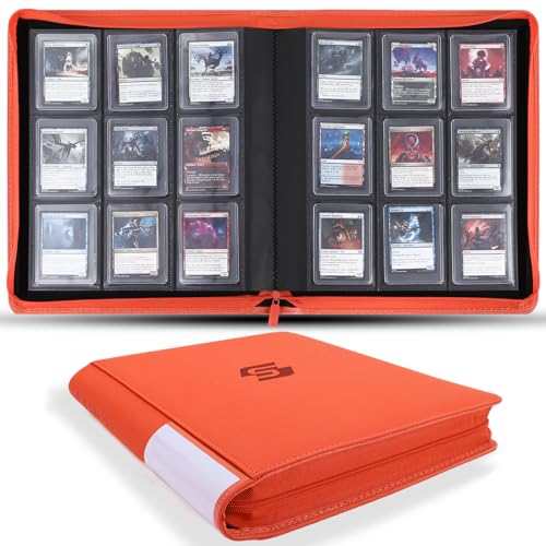 Snekdy Top loader Binder, 9 Pockets Top Loader，Holds 360 Top Loaders cards, Card binder with Sleeves for card in 3 x 4 inches color smooth Zipper PU Leather (Orange) - color: Orange