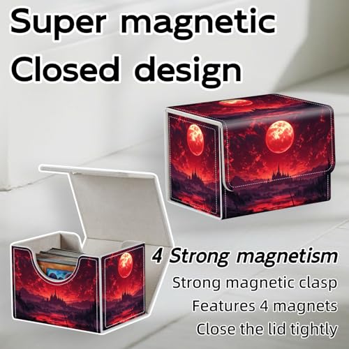 Trading Card Storage Box, Holds 100+ for MTG Cards, PU Leather with Magnetic Closure, Red Blood Moon Castle Fantasy Durable Deck Box for Magic the Gathering, Trading Card Games - color: Red Blood Moon Castle Fantasy