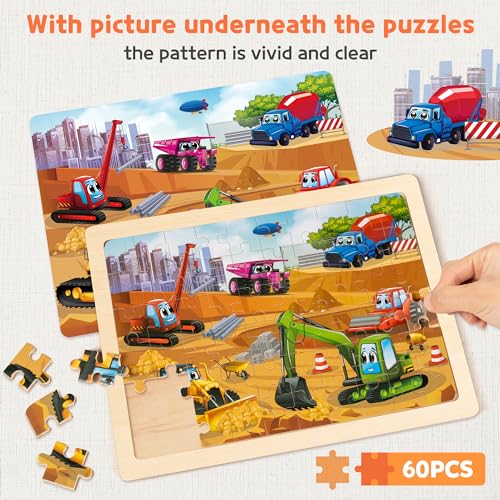 SYNARRY Wooden Vehicle Puzzles for Kids Ages 4-6, 6 Packs 60 PCs Jigsaw Puzzles Preschool Educational Toys Gifts for Children Ages 4-8, Kids Toys Gifts for 4+ Year Olds Boys Girls - style: Vehicle