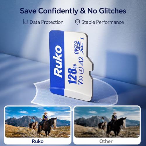 Ruko 128G Micro SD Card with Reader & Adapter, UHS-I, C10, A2, U3/V30, | Memory Card Speed Up to 100MB/s, 4K UHD, Long-Lasting TF Card for Camera, Smartphone, Drone, Gaming Console