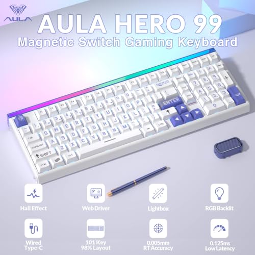 Aula Hero 99 Wired Gaming Keyboard, Hall Effect Switch with Rapid Trigger | Magnetic Switch Keyboard with Number Pad, 101Keys Hot Swap,Web Driver RGB Backlit Mechanical Keyboard for Office PC Gamer - color: White Blue