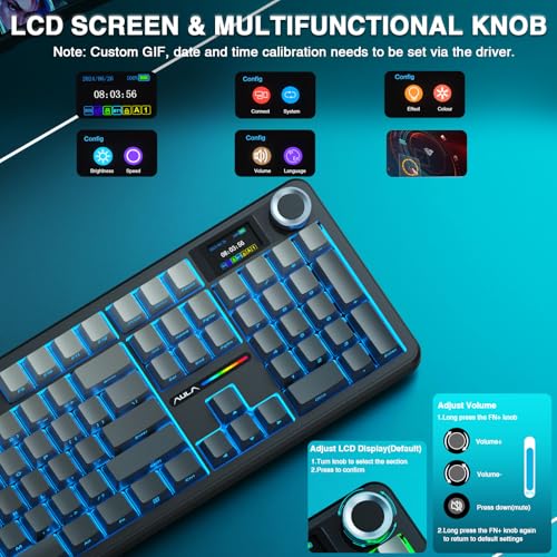 AULA F108 PRO - Wireless Mechanical Keyboard with Screen & Knob,Full Size Keyboard with 8000mAh Battery,Pre-lubed Switches,Side Printed PBT Keycaps,RGB Backlit Hot Swappable Custom Gaming Keyboards - color: Gradient Black