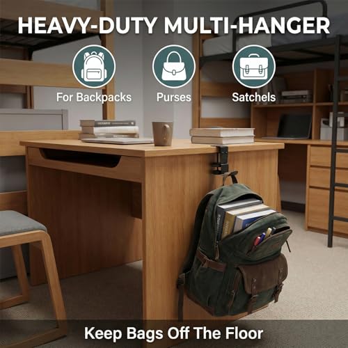 Headphone Stand Holder for Desk, Carbon Steel Under Desk Headphone Hanger, 360° Rotating Backpack Hook Clamp, Adjustable Height Gaming Accessories for Table Thickness up to 2.68 Inch, Black