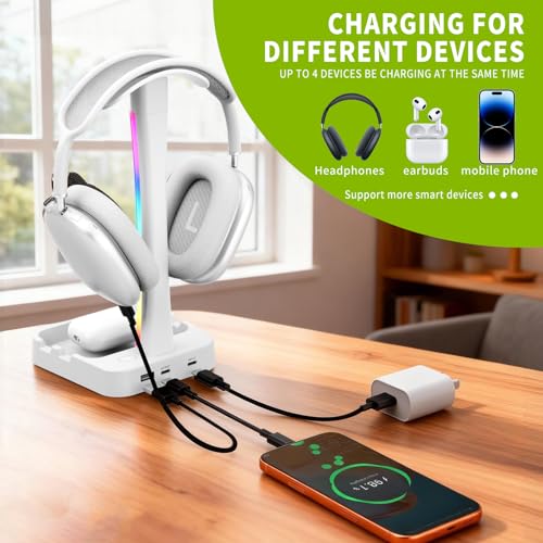 Headphone Stand with Charger,Gaming Headset stand with RGB Light Mode,For Airpod Max Stand,Desk Lamp,Phone Holder,Tablet Holder,desktop organizer,Gifts for Gamers & Music Lover (White) - color: White