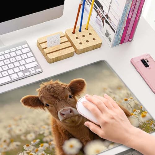 Gaming Mouse Pad Large,Cute Highland Cow on Daisy Mouse Pad Gaming Mouse Mat Desk Pad,31.5 x 11.8 Desk Mat Mouse Pads for Desk,Extended Keyboard Mousepad with Non-Slip Base and Stitched Edge - color: Cute Highland Cow on Daisy