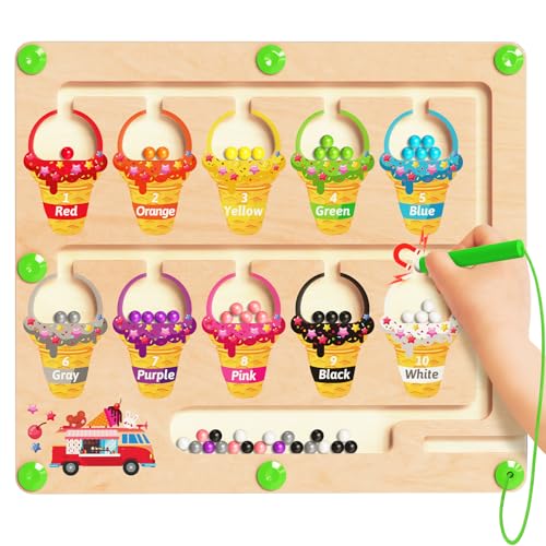 Kidific Magnetic Color and Number Maze, Montessori Toys for 2 3 4 Year Old, Wooden Color Matching Puzzle Board, Preschool Learning Activities Travel Toys for Ages 2-4 for Girls Boys Birthday Gifts - style: Ice cream