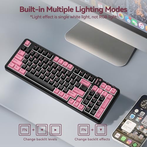 AUSDOM 98Pro Wireless Mechanical Keyboard, Tri-Mode BT/2.4GHz/USB-C Hot Swappable Custom Gaming Keyboard with Backlit, Gasket Structure, Linear Switches for Windows/Mac/PC (Clicky Sound) - color: Pink