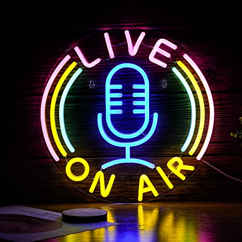 Live On Air Neon Sign Microphone LED Signs for Streaming Room Decor | USB Powered, Podcast Streamer Gift,12.8''X12.8'' Neon Light for Bedroom Recording Studio Wall Art - color: Multicolored