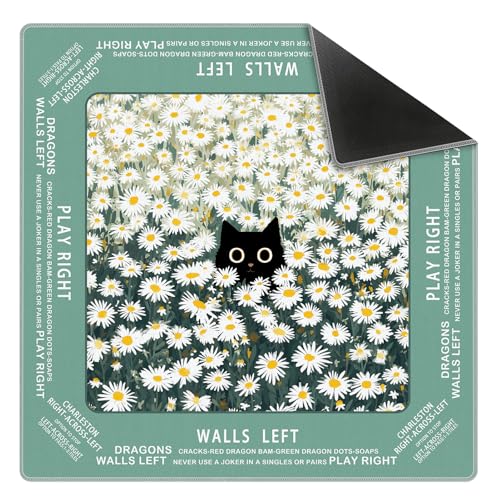 Green Chrysanthemum Floral Mahjong Mat 31.5" x 31.5",Black Cat Non-Slip Noise Reduction Mahjong Table Cover Accessories and Supplies for Dominoes Poker Card Board and Tile Games Gifts - color: Green Chrysanthemum Floral