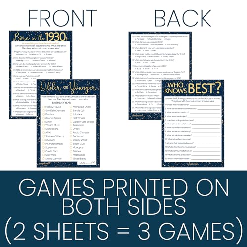 Navy and Gold 90th Birthday Games Set, Born in the 1930s, 20 Guests | 5" x 7" Dual-Sided Cards, Who Knows Best, Older or Younger, and 1930s Trivia Games, Answer Keys Included - color: Blue Gold
