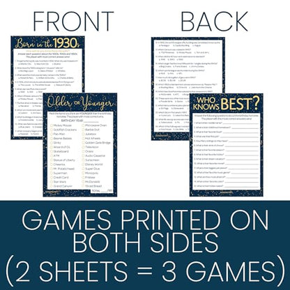 Navy and Gold 90th Birthday Games Set, Born in the 1930s, 20 Guests | 5" x 7" Dual-Sided Cards, Who Knows Best, Older or Younger, and 1930s Trivia Games, Answer Keys Included - color: Blue Gold