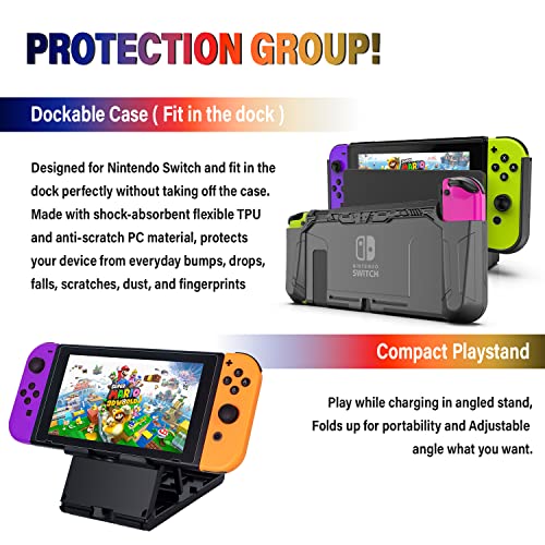 Deruitu Switch Accessories Bundle Compatible with Nintendo Switch, Kit with Carrying Case, Screen Protector, Compact Playstand, Game Case, Joystick Cap, Charging Dock,Steering Wheel, (18 in 1) - color: Black